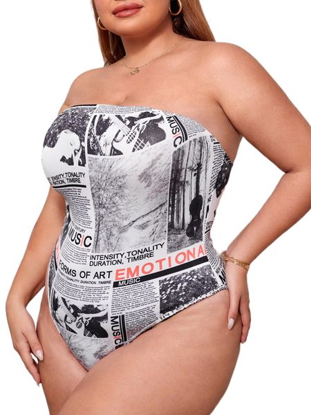 

plus newspaper print tube bodysuit 02d0#, Black
