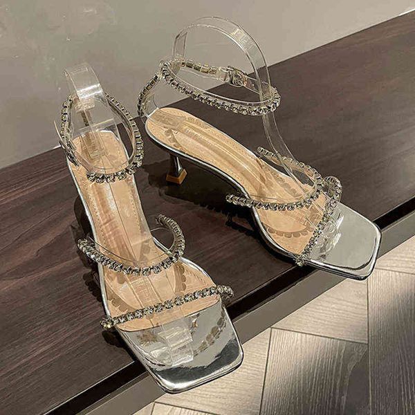Сандальцы стразы серебряные высокие каблуки женская обувь 2022 мода чистая полоса золотая сексуальная шпиляция для вечеринки 220704