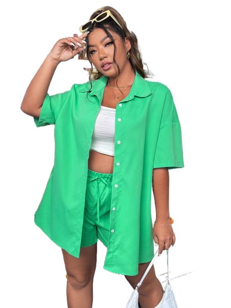 

plus button front drop shoulder blouse & tie front shorts r3f5#, Black