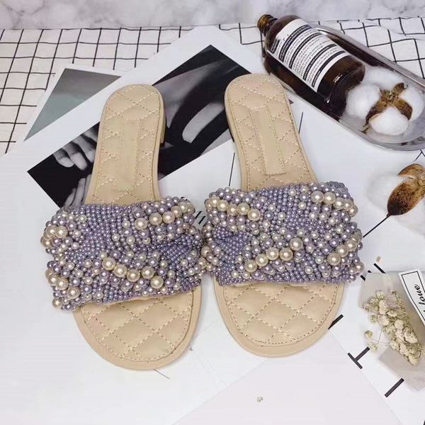 

luxury designer elegant women slides slippers classic rhomboids flat soled slip-on exquisite weave pearls slipper mules fashion party ladies, Black