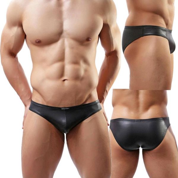 Cuecas sexy homens roupa interior mini briefs preto falso couro masculino bulge bolsa masculino gay sissy calcinha cueca masculina