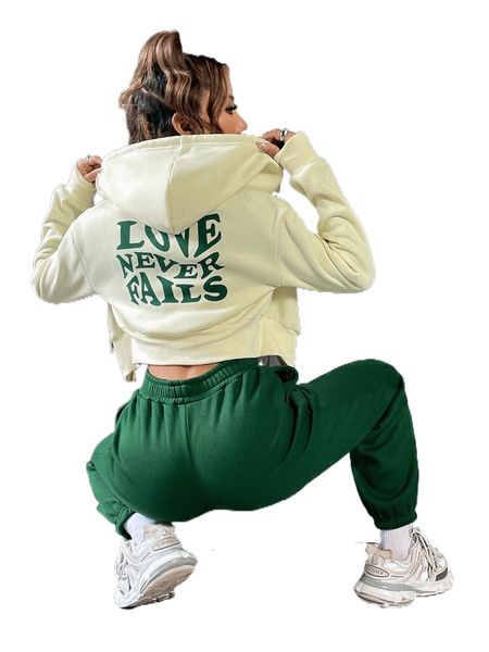 

slogan graphic zip up crop drawstring hoodie & sweatpants z3xg#, White