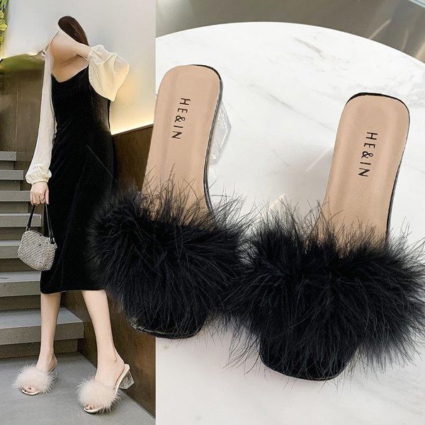 

sandals women's summer high-heeled shoes women korean fashion female students thick heeled hairy sandalssandals, Black