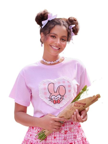 

kawaii cartoon graphic eyelet embroidery crop tee c4rf#, White