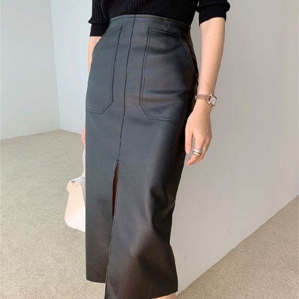 

spring autumn women pu leather skirts high waist pockets package hip female front split zipper midi pencil skirt 220401, Black