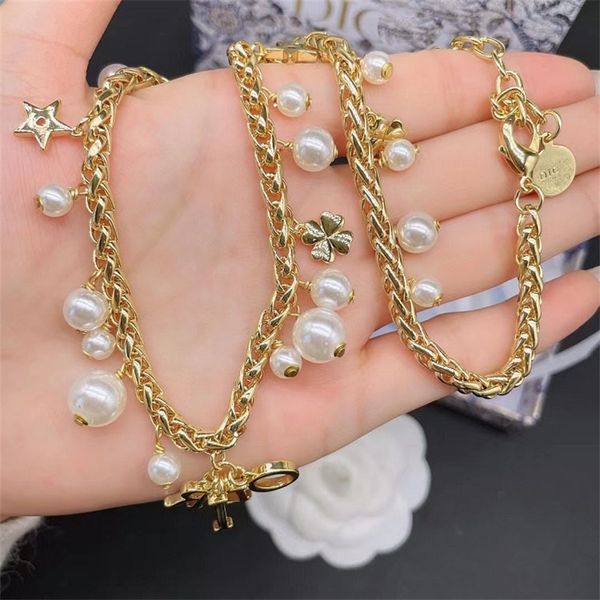 

80% off online store 2022 letter five pointed star pearl necklace bracelet brass design bracelet neck chain, Silver