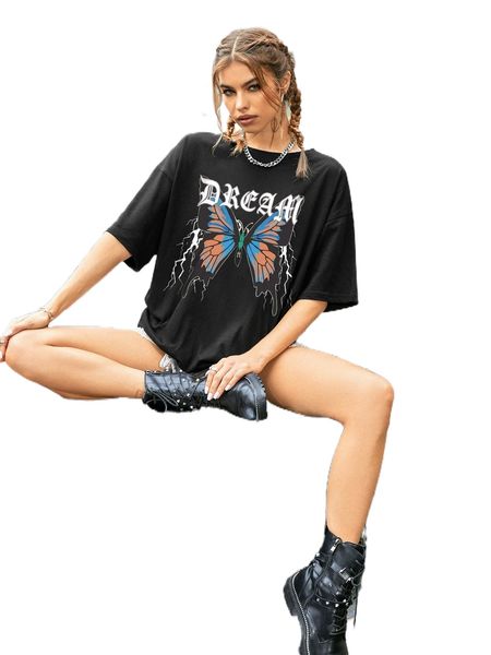 

butterfly and letter graphic drop shoulder tee f2qt#, White