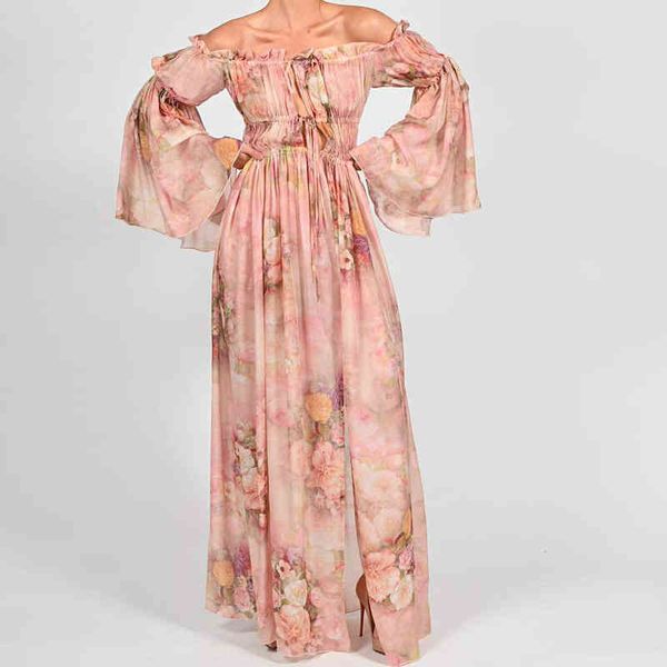 

casual dresses women's off shoulder chiffon dress summer printed floor sweeping french long skirt, Black;gray