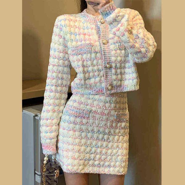 

small fragrance vintage knit piece set women crop sweater cardigan coat skirts sets sweet two piece suits t220729, Gray