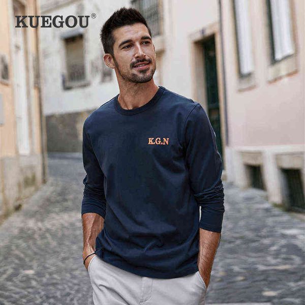 KUEGOU 100% cotone primavera maglietta da uomo manica lunga moda maglietta lettera stampa autunno T-shirt da uomo taglia superiore ZT-88076 T220808