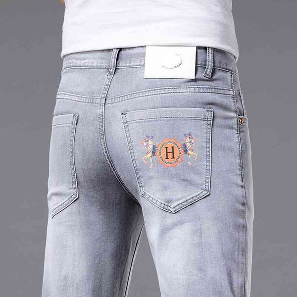 

men's jeans spring men's jeans small feet slim fit cotton elastic tide brand korean youth horse pull car love brand jlmx, Blue