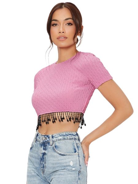 

fringe trim crop tee 5759#, White