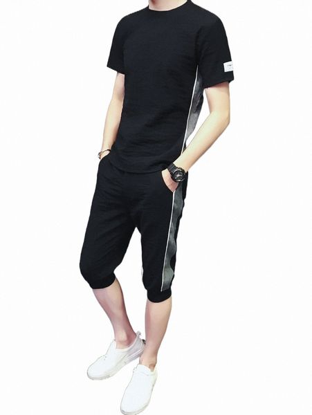 

men letter patch detail contrast side seam tee & pants 60i4#, Gray