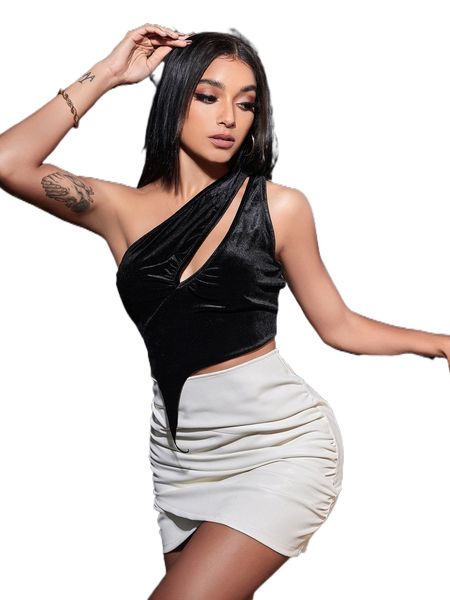 

sxy solid cutout one shoulder velvet crop u1hg#, White