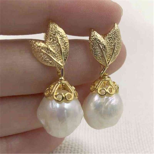 

13-14mm white baroque pearl earrings 18k natural dangler gold hooks aaa earbob creamy leaf luxury south sea, Golden