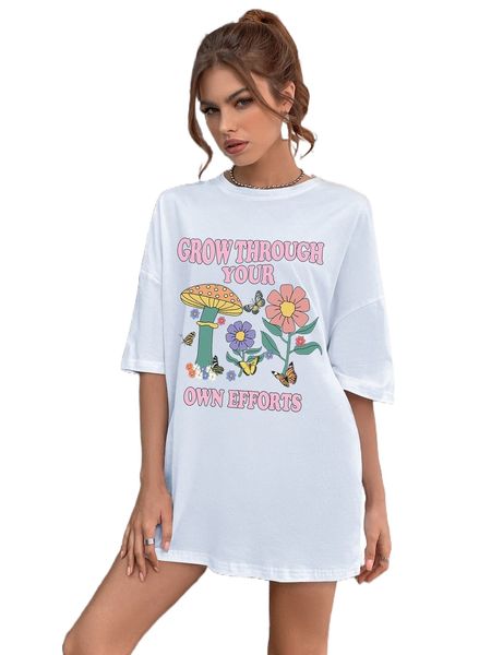 

butterfly and slogan graphic drop shoulder tee q5qa#, White