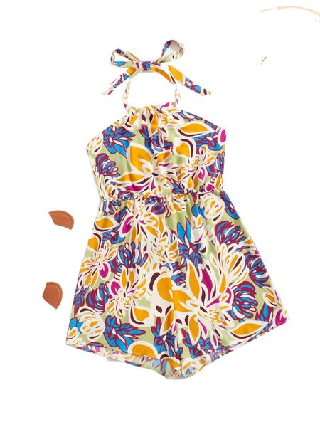 

floral print tie backless halter romper c0i3#, Black;white