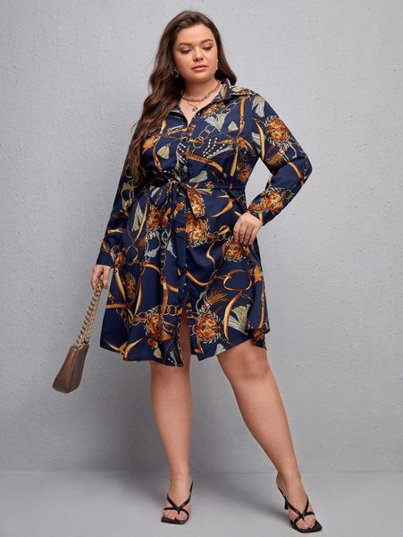 

plus chain print belted shirt dress v8bu#, Black