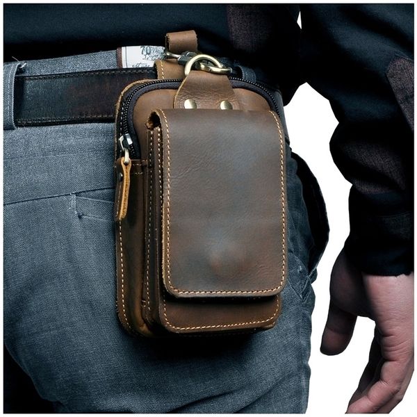 Gerçek deri erkekler rahat tasarım küçük bel çantası inek derisi moda kancası serseri çanta bel kemeri paketi sigara kılıfı 55 