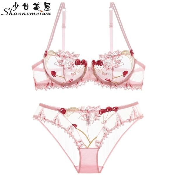 

shaonvmeiwu transparent lingerie lace embroidery thin thin pink bra cherry fruit bra suit lj200814, Red;black