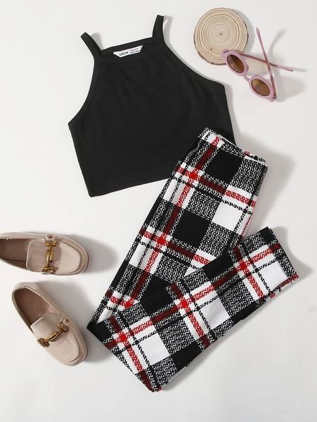 

girls crop solid halter & plaid pants set she, White