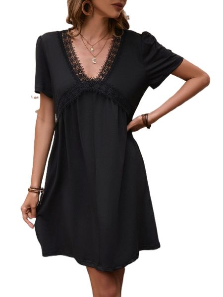 

solid c.ontrast l.ace trim s.mock d.ress g5xd#, Black;gray