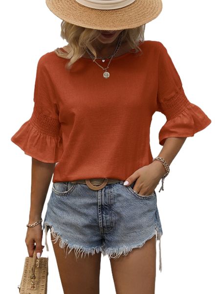 

shirred flounce sleeve blouse k0fb#, White