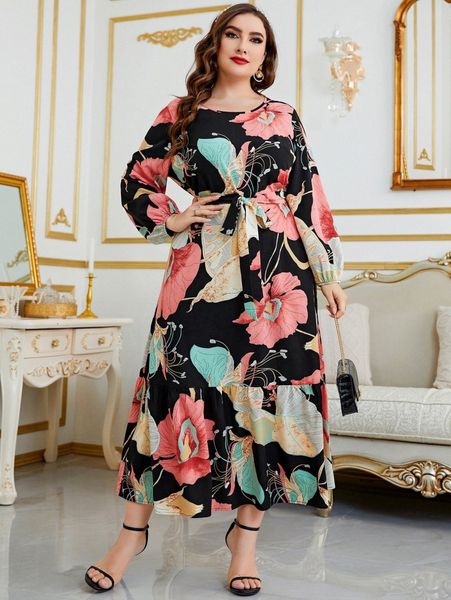 

plus floral print lantern sleeve ruffle hem belted dress 33py#, Black