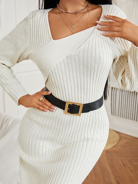 

sxy asymmetrical neck ribbed knit sweater dress without belt i2hk#, White;black