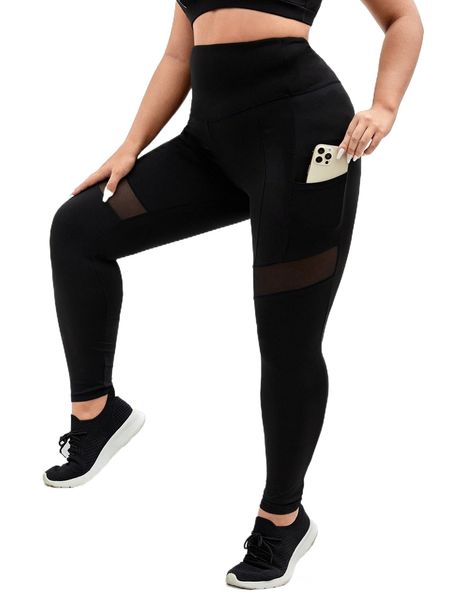 

plus mesh insert wideband waist sports leggings with phone pocket 19fk#, Black