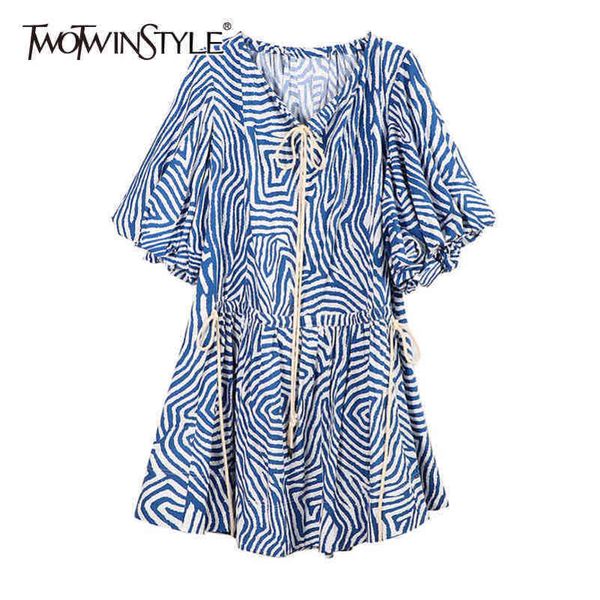 

print lace up dress for women v neck puff sleeve hit color casual loose mini dresses female fashion summer 210423, Black;gray