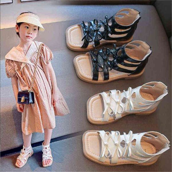 

girls roman sandals 2022 summer new children's shoes kid's high princess shoes square head soft bottom girls beach shoes g220512, Black;red