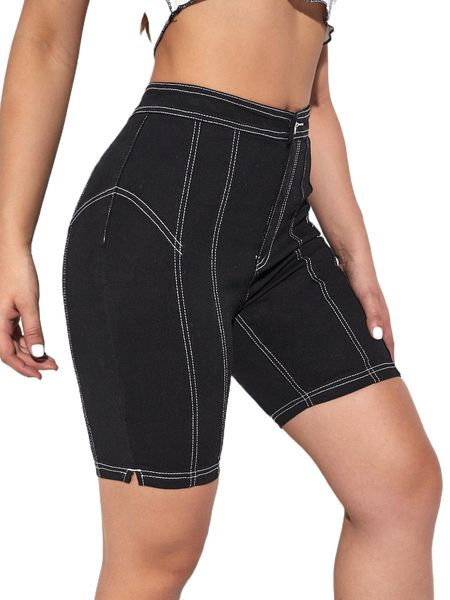 

contrast stitch split side denim shorts i173#, White;black