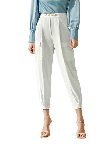 

chain decor flap pocket carrot pants c1se#, Black;white