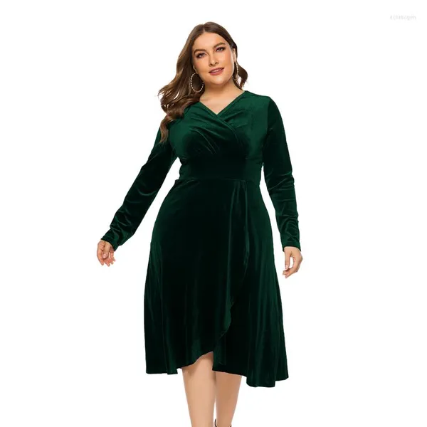 Abiti taglie forti Abito a maniche lunghe con scollo a V autunno Abbigliamento donna solido 2022 Elegante abito da donna in velluto da festa 5XL Echm22