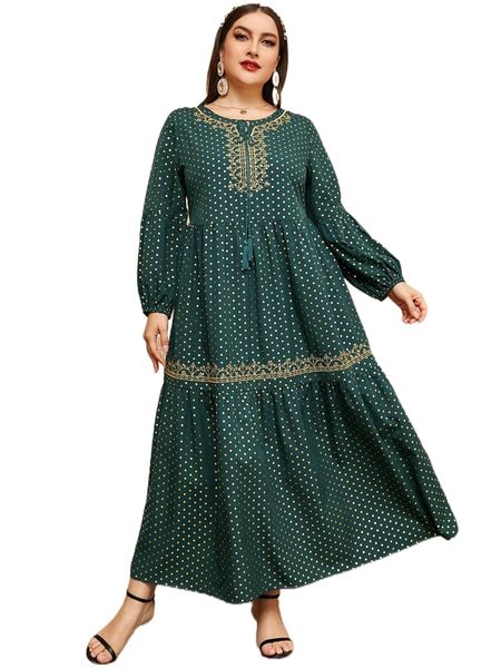 

plus polka dot embroidered tie neck lantern sleeve ruffle hem dress c0z7#, Black