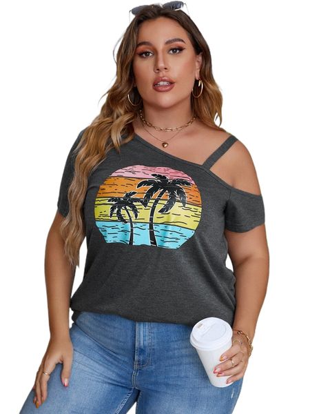 

plus coconut tree print asymmetrical neck tee 12uz#, Black