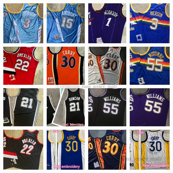 

real stitched retro mitchell and ness basketball jerseys carmelo anthony dikembe mutombo stephen curry allen iverson clyde drexler jason wil, Black;red