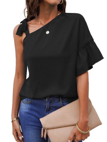 

asymmetrical neck tie shoulder frill trim blouse h0yp#, White