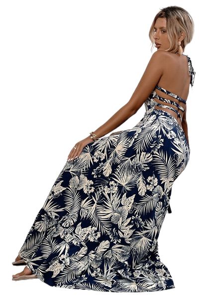 

random tropical print tie backless ruffle hem halter dress o9k4#, Black;gray