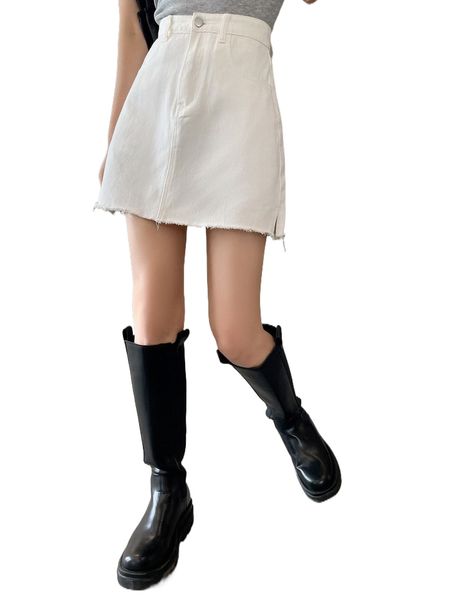 

dazy high waist split raw hem denim skirt i0ez#, Black