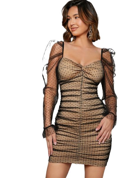 

gigot sleeve ruched dobby mesh overlay dress t60u#, Black;gray