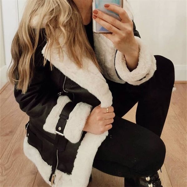 

ailegogo autumn winter coat women pu faux soft leather black white sheepskin fur jacket female outwear casaco feminino 220815