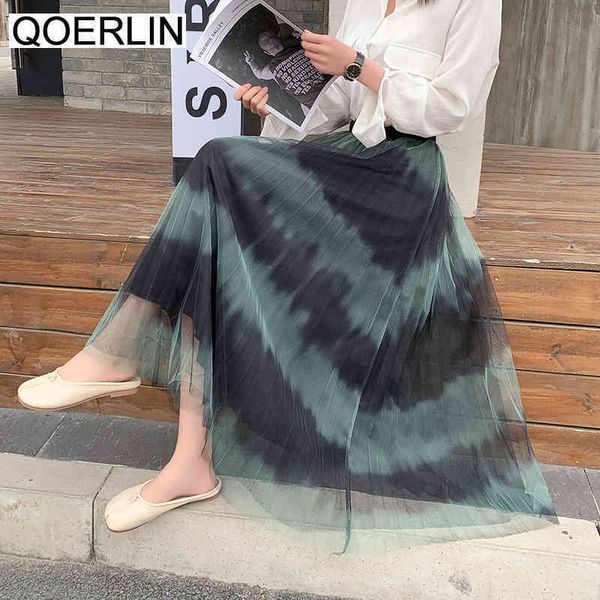 

qoerlin spring summer mesh skirt women rendering striped long maxi gauze skirt pleated bubble skirt high waist saia 210412, Black