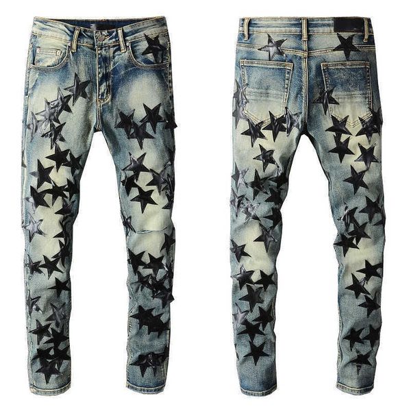 

mens for jeans guys rip slim fit skinny pants black star patches wearing biker denim stretch cult stretch motorcycle male trendy long, Blue