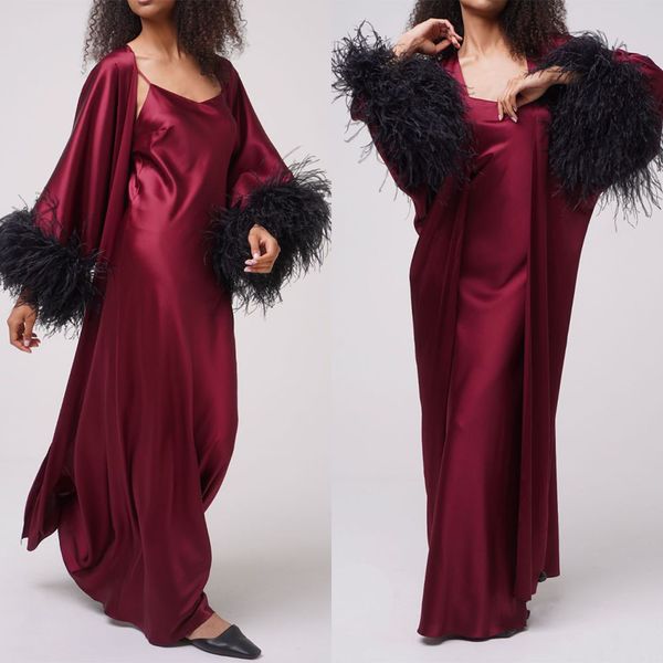 

burgundy satin silk party sleepwear dresses women long maternity feather robes custom made robe evening dress, White