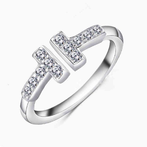 

925 sterling silver opening t english letter female ring couple new jewelry crystal gift, Golden;silver