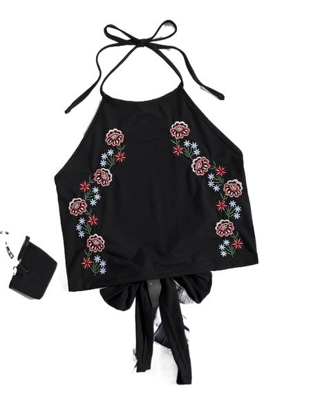 

floral embroidery tied backless crop i3le#, White