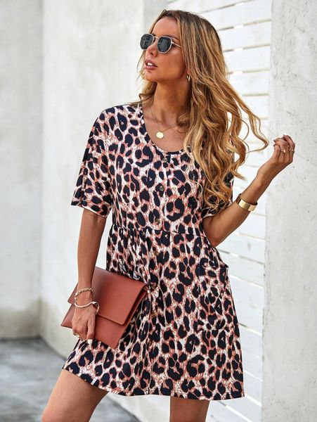 

allover print button front babydoll dress v0vm#, Black;gray