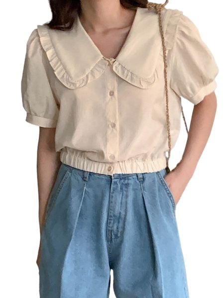 

dazy statement collar puff sleeve button front blouse m15c#, White